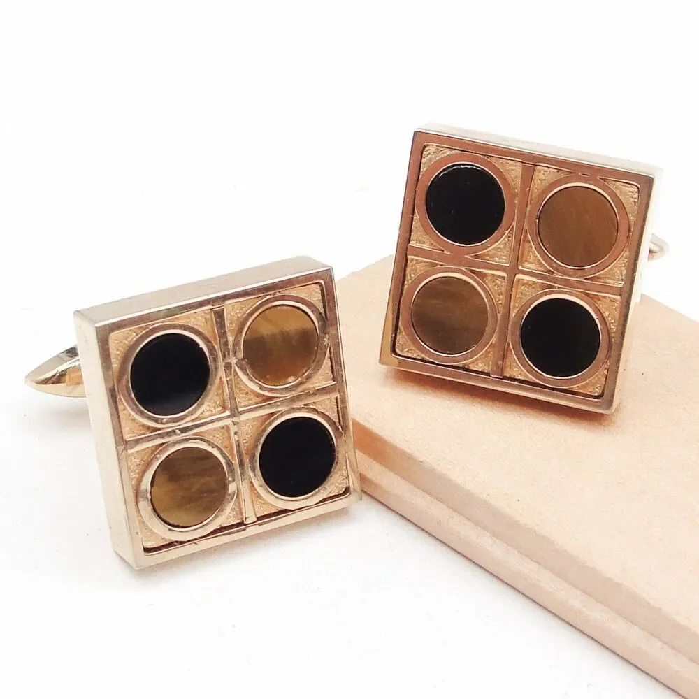 Vintage Swank Tiger Eye Black Onyx Cufflinks Square Checkerboard Geometric MCM